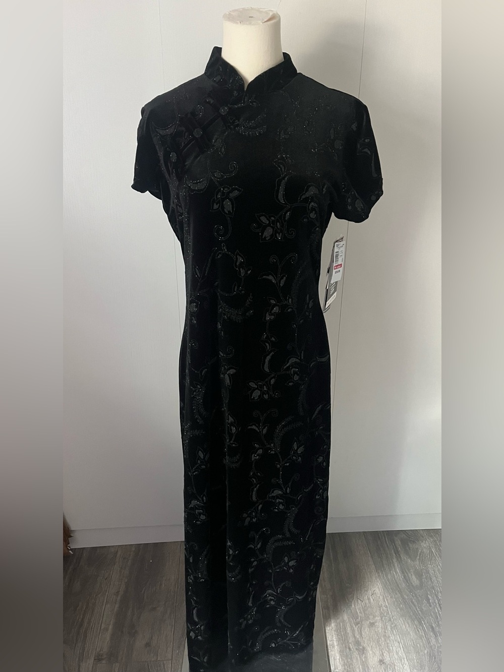 NWT Sheri Martin Black Velvet Floral Burnout Mandarin Qipao Maxi Dress 14P